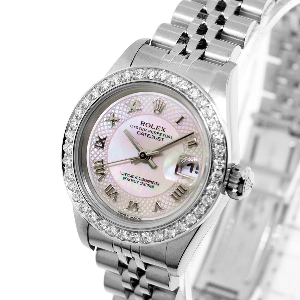 Rolex Lady Datejust 26mm Stainless Steel Pink Mother of Pearl Deco Roman Dial Custom Diamond Bezel 69174 Da Vinci Fine Jewelry Inc