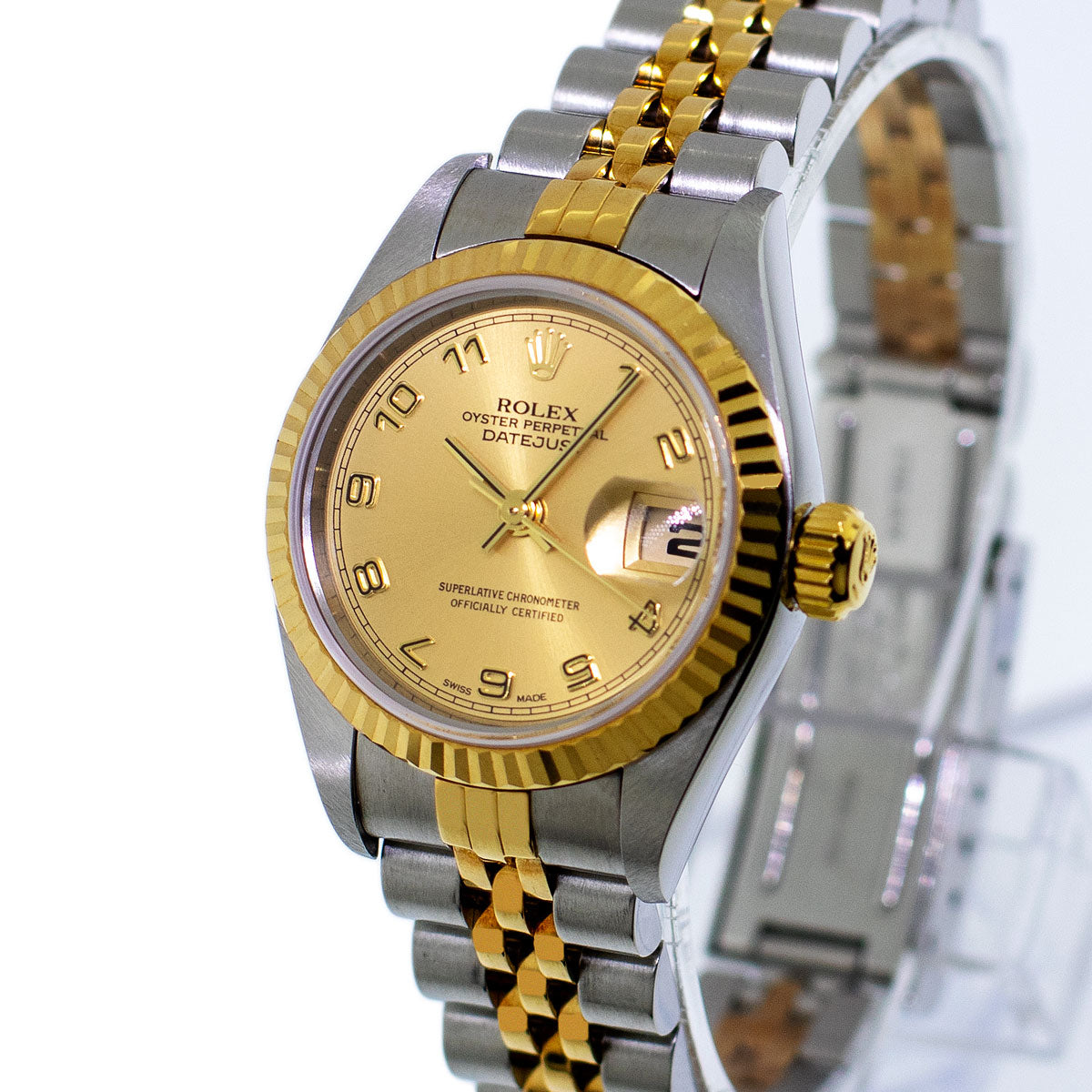 Rolex Lady Datejust 26mm Yellow Gold Steel Champagne Arabic Dial Fluted Bezel 79173 Da Vinci Fine Jewelry Inc