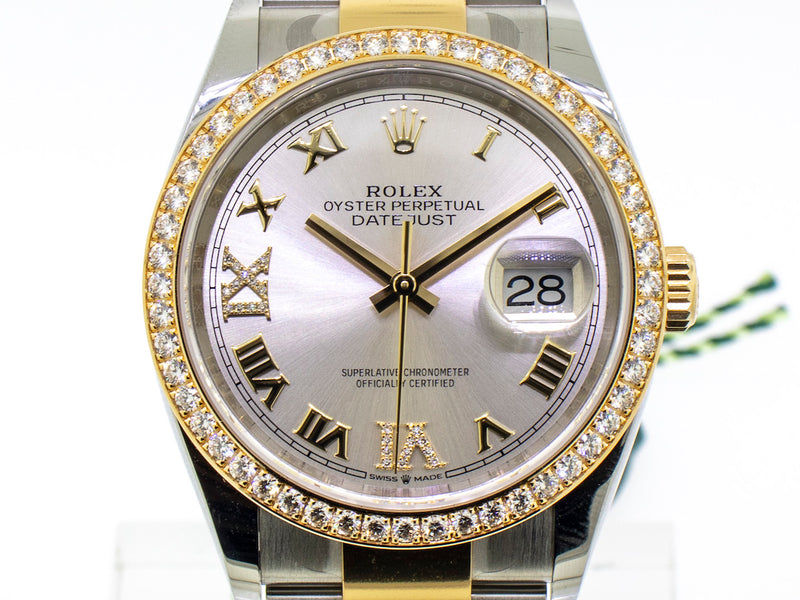 Rolex Datejust 36mm Yellow Gold & Steel Silver Roman Dial & Diamond Bezel 126283RBR-Da Vinci Fine Jewelry