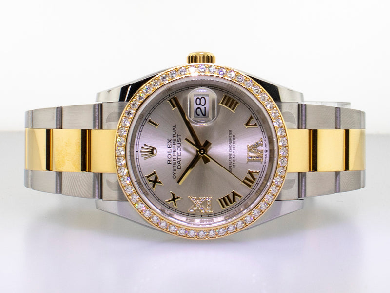 Rolex Datejust 36mm Yellow Gold & Steel Silver Roman Dial & Diamond Bezel 126283RBR-Da Vinci Fine Jewelry