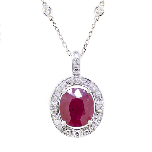 Ruby Pendant with Station Necklace - 14K White Gold - 4.04ct-Da Vinci Fine Jewelry