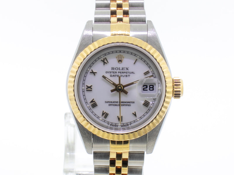 Rolex Lady-Datejust 26mm Yellow Gold Steel White Roman Dial Fluted Bezel 79163-Da Vinci Fine Jewelry