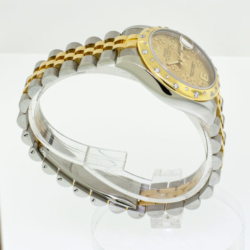 Rolex Lady-Datejust 31mm Yellow Gold & Steel Champagne Floral Motif Dial & Galaxy Diamond Bezel 178343-Da Vinci Fine Jewelry
