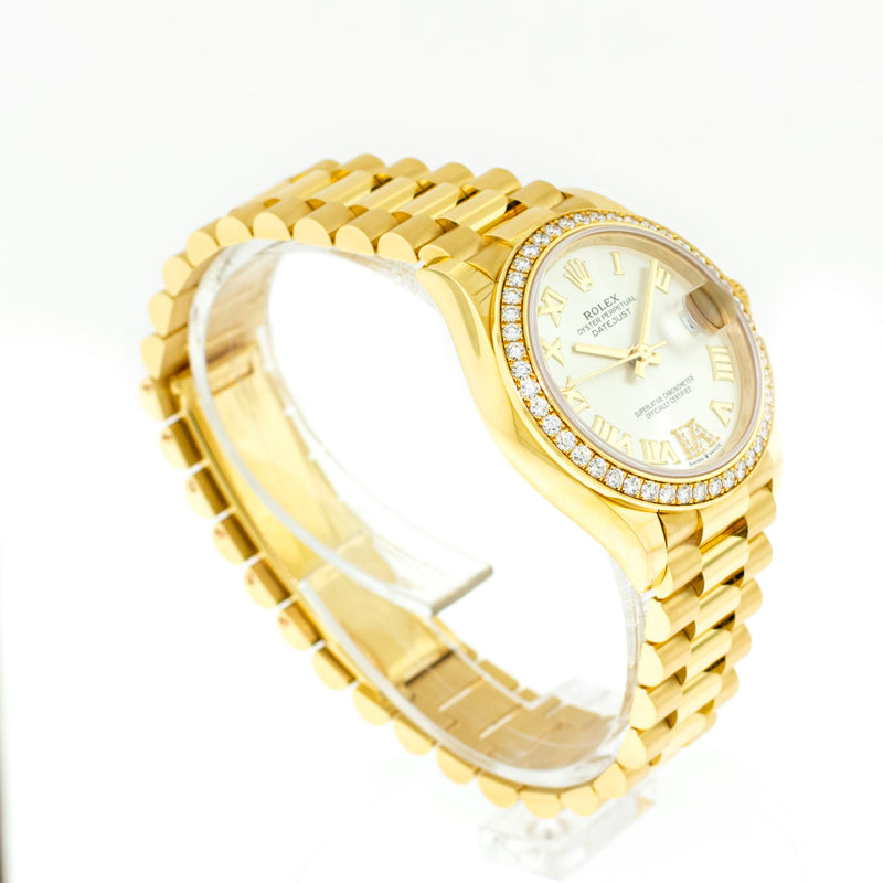 Rolex Lady-Datejust 31mm 18K Yellow Gold Silver Dial Roman Numerals & Diamond Bezel 278288-Da Vinci Fine Jewelry