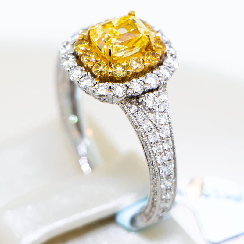 Custom Fancy Yellow Diamond Center Stone Ring - 14K White Gold & 14K Yellow Gold-Da Vinci Fine Jewelry