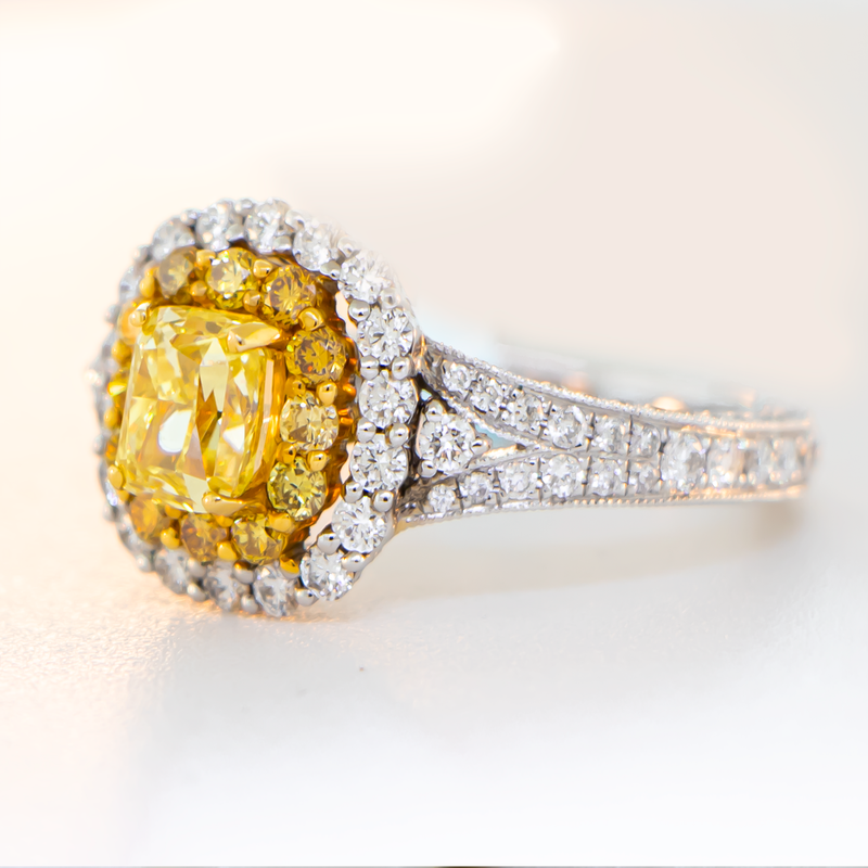 Custom Fancy Yellow Diamond Center Stone Ring - 14K White Gold & 14K Yellow Gold-Da Vinci Fine Jewelry