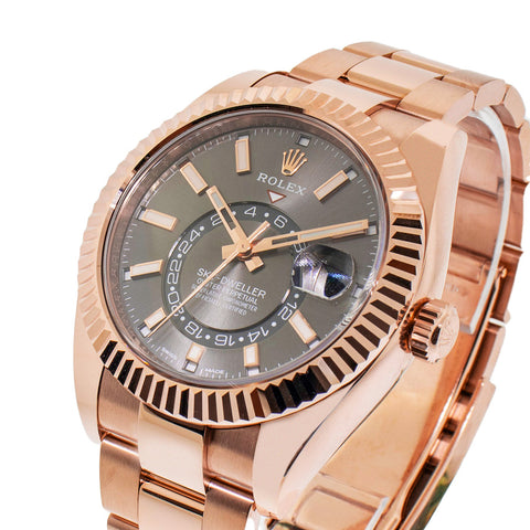 Rolex Sky Dweller Everose Gold Dark Rhodium Index Dial Fluted Bezel 326935DKR Da Vinci Fine Jewelry Inc