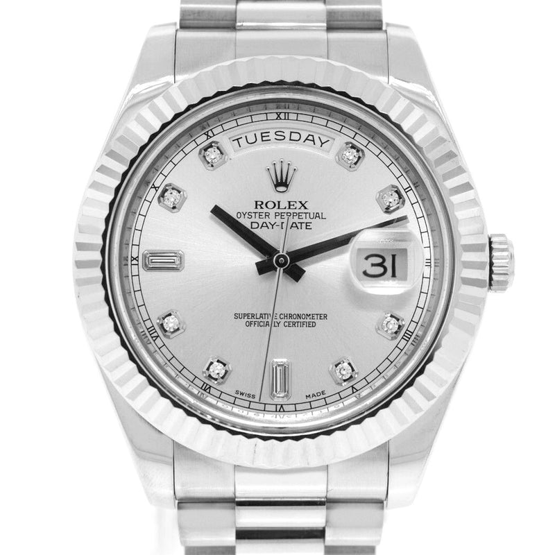 Rolex Day-Date II 41mm White Gold Silver Diamond Dial & Fluted Bezel 218239-Da Vinci Fine Jewelry