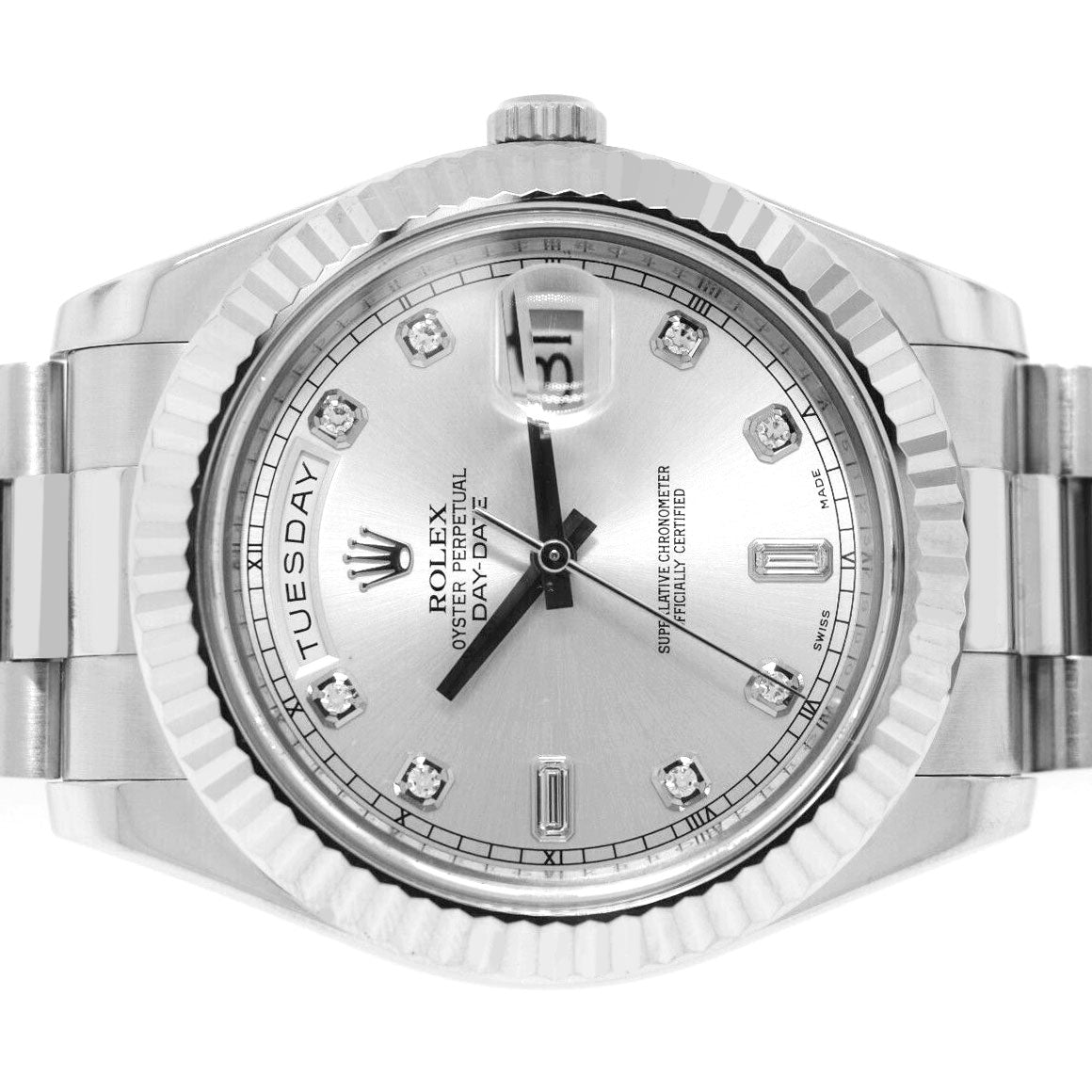 Rolex Day Date II 41mm White Gold Silver Diamond Dial Fluted Bezel 2 Da Vinci Fine Jewelry